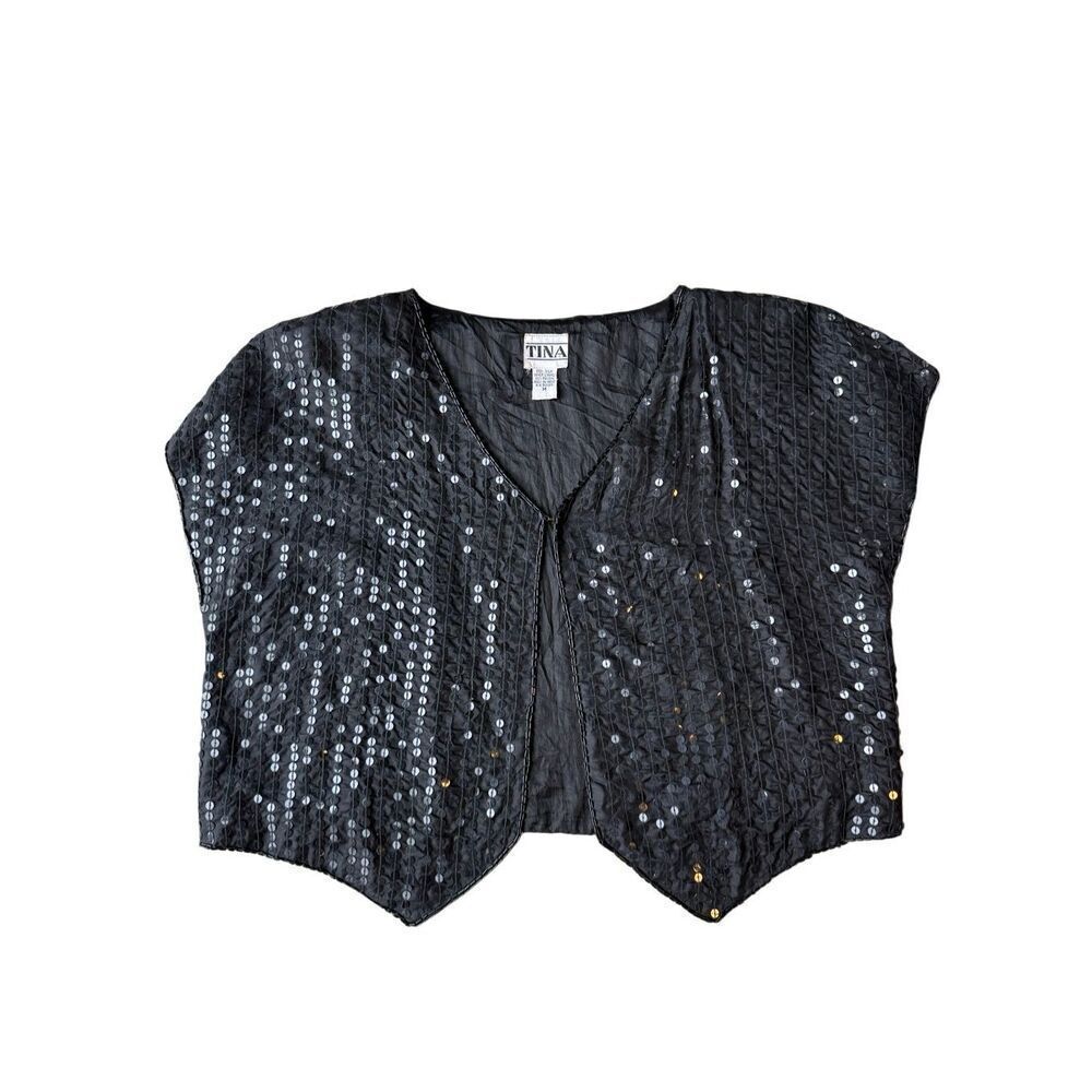 Vintage 80’s TINA Black Silk Sequined Open Front Top Size M - Picture 4 of 8